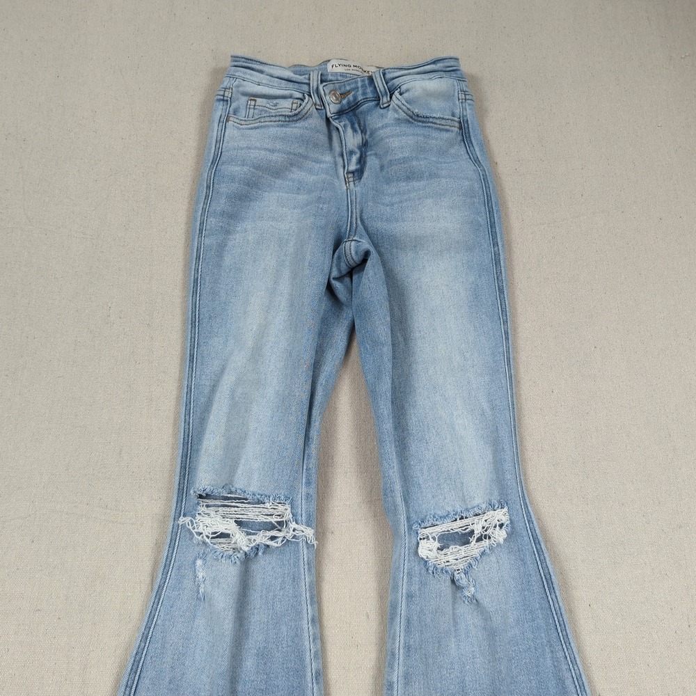 Flying Monkey Jeans Womens 23 Blue High Rise Flare Stretch Distressed Frayed - Picture 2 of 15